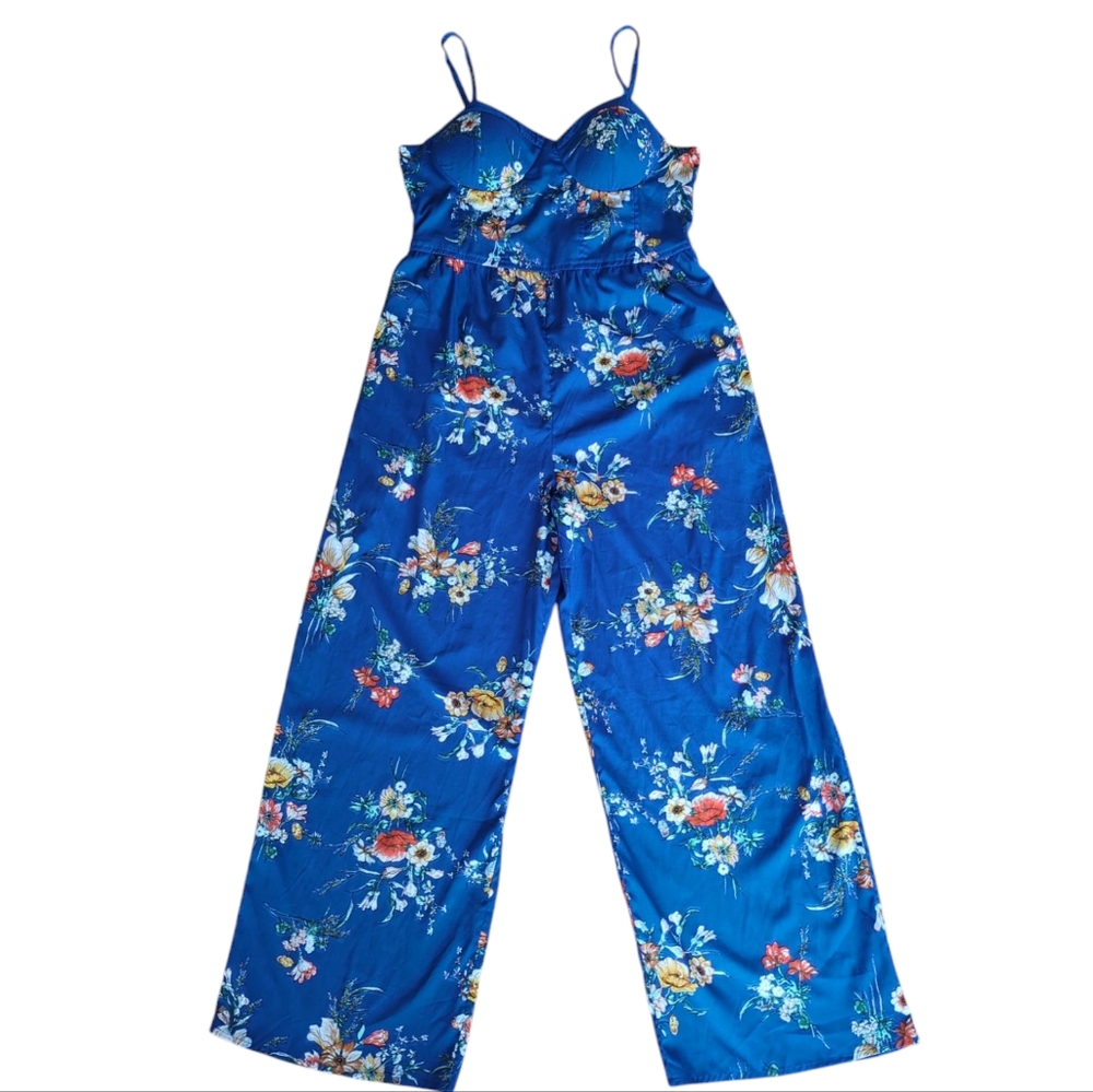 Band of Gypsies Floral Padded Boho Wide Leg Jumpsuit/Romper XL Blue Pockets